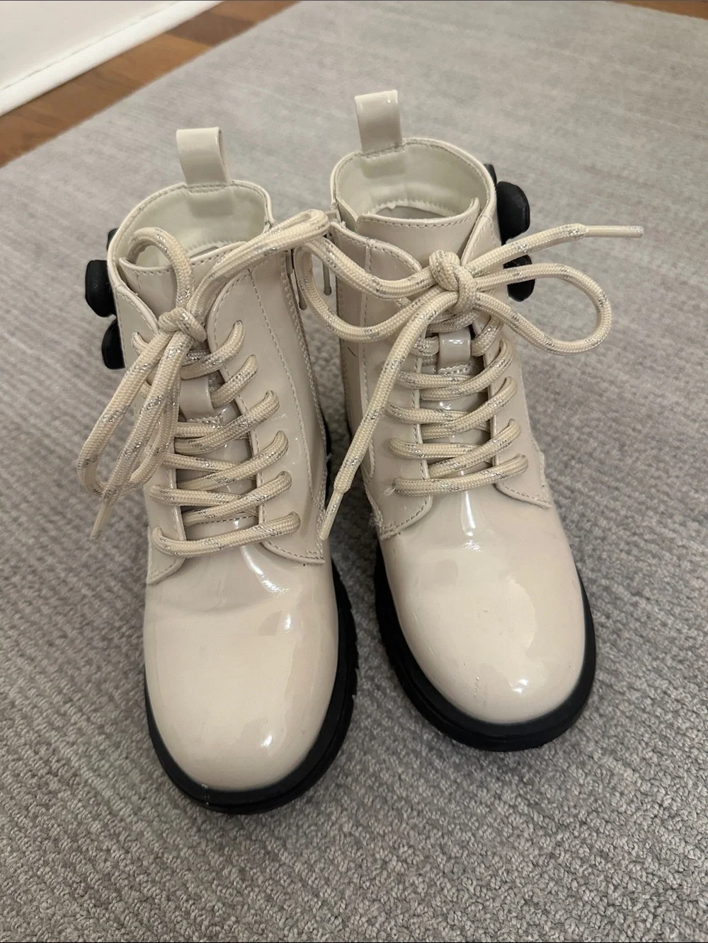 Kids Cream Lace-Up Combat Boots with Black Flower Accent
